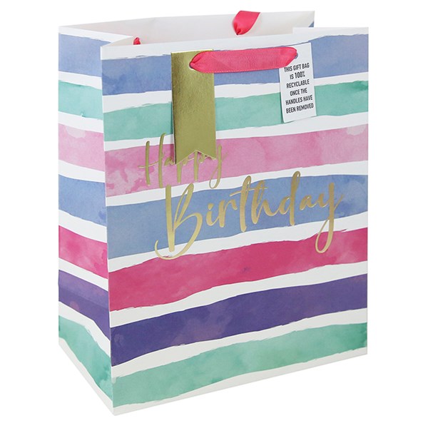 Watercolour Stripe Birthday Pink Gift Bag - Various Sizes Available