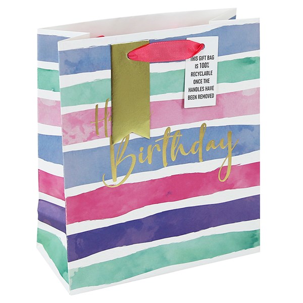 Watercolour Stripe Birthday Pink Gift Bag - Various Sizes Available