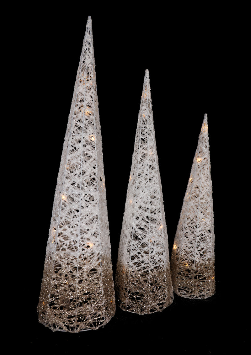 Set of 3 Warm White Led Gold & White Cone Trees