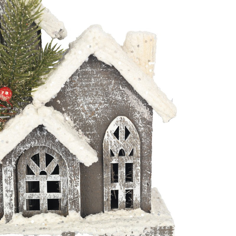 Wooden Glittered Church With LEDs Battery Operated 25cm