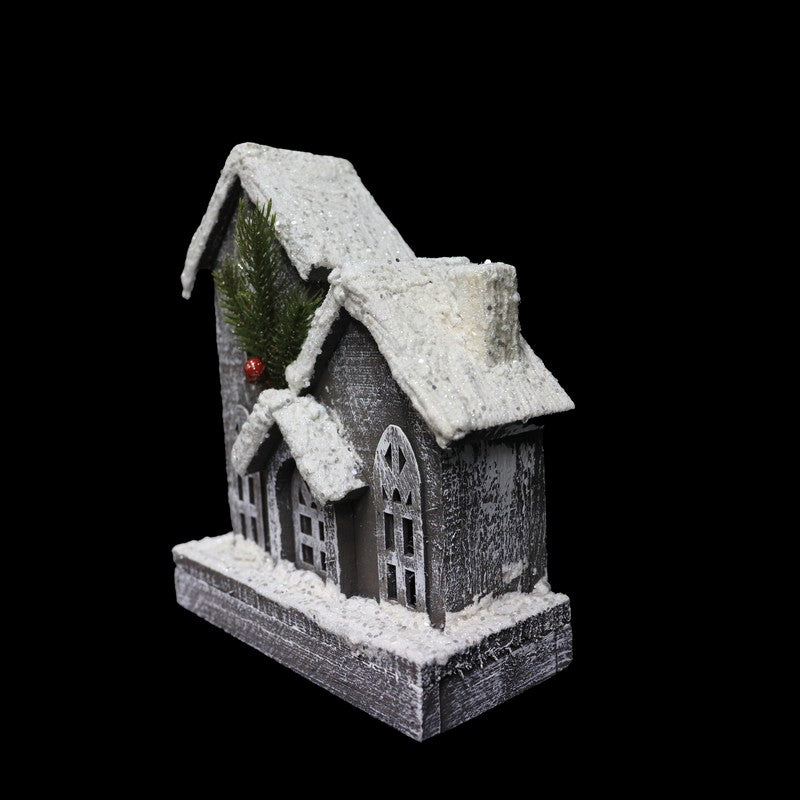 Wooden Glittered Church With LEDs Battery Operated 25cm