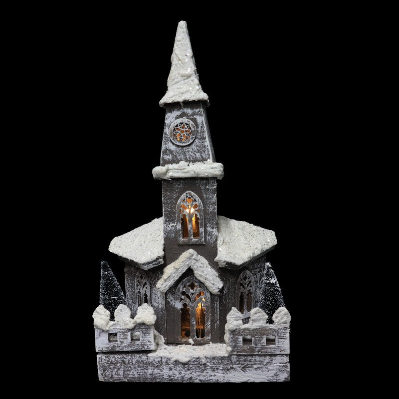 Wooden Glittered Church With LEDs Battery Operated 40cm