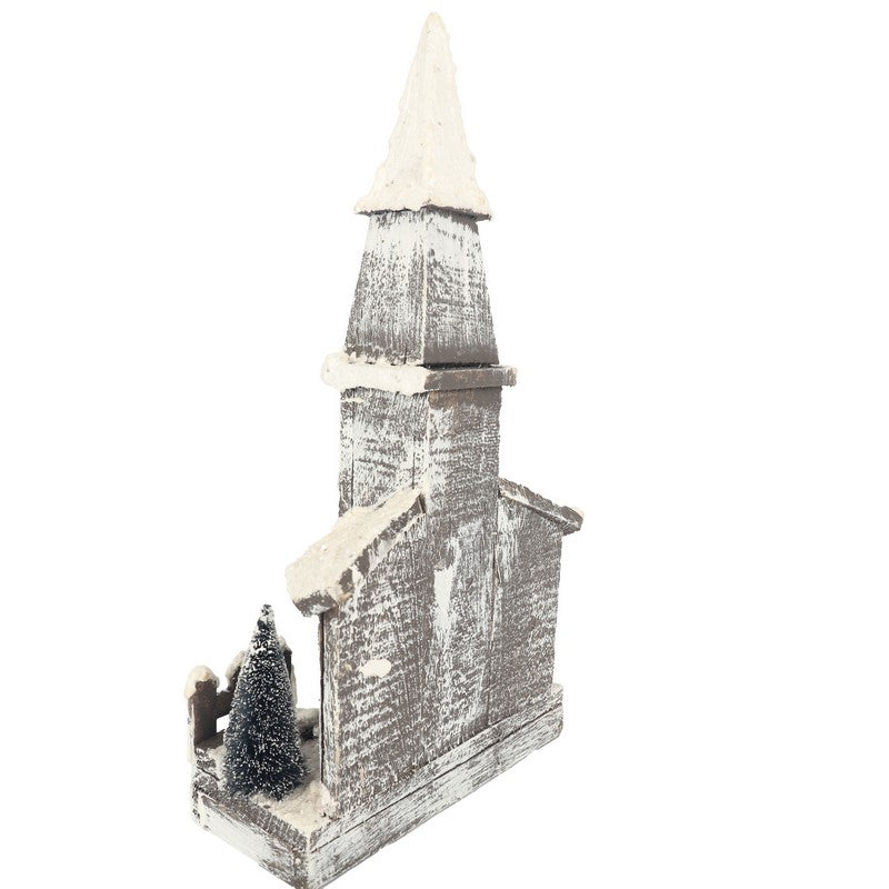 Wooden Glittered Church With LEDs Battery Operated 40cm