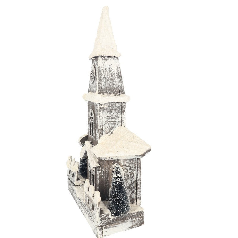 Wooden Glittered Church With LEDs Battery Operated 40cm