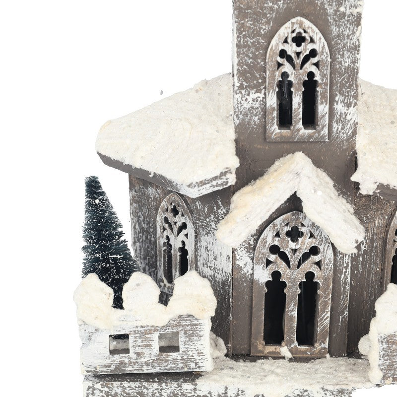 Wooden Glittered Church With LEDs Battery Operated 40cm