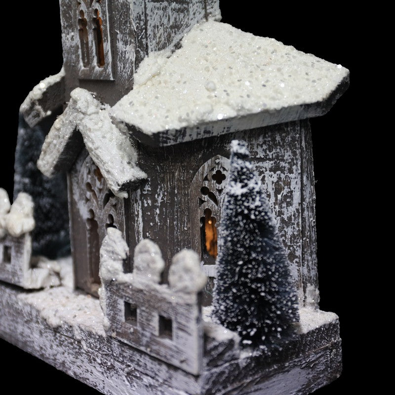 Wooden Glittered Church With LEDs Battery Operated 40cm