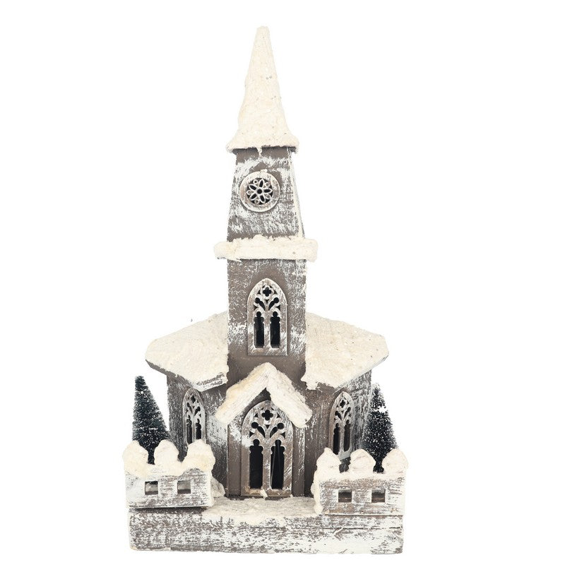 Wooden Glittered Church With LEDs Battery Operated 40cm