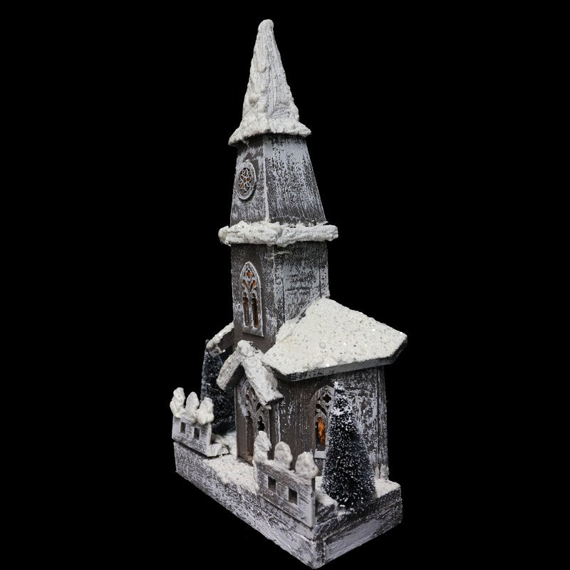 Wooden Glittered Church With LEDs Battery Operated 40cm