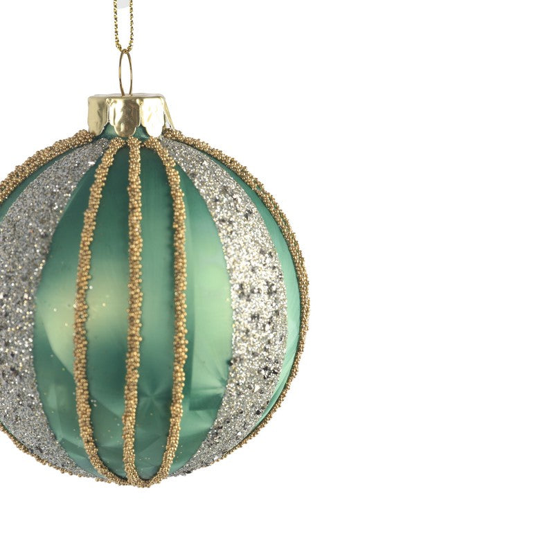 Pale Green Glass Bauble With Gold & Silver Sparkle 8cm