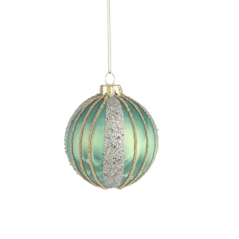 Pale Green Glass Bauble With Gold & Silver Sparkle 8cm