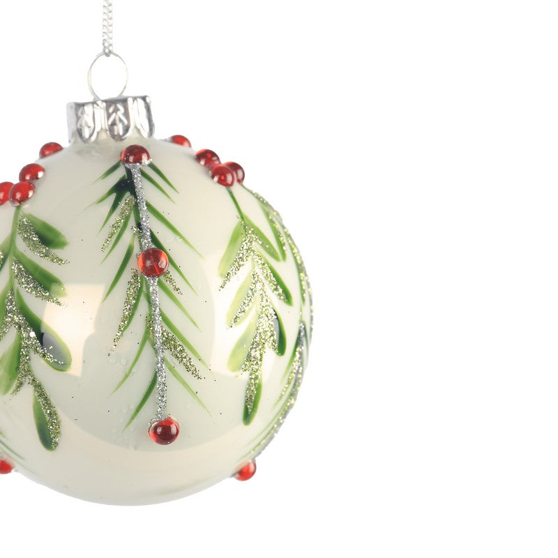 White Glass Bauble With Mistletoe 8cm