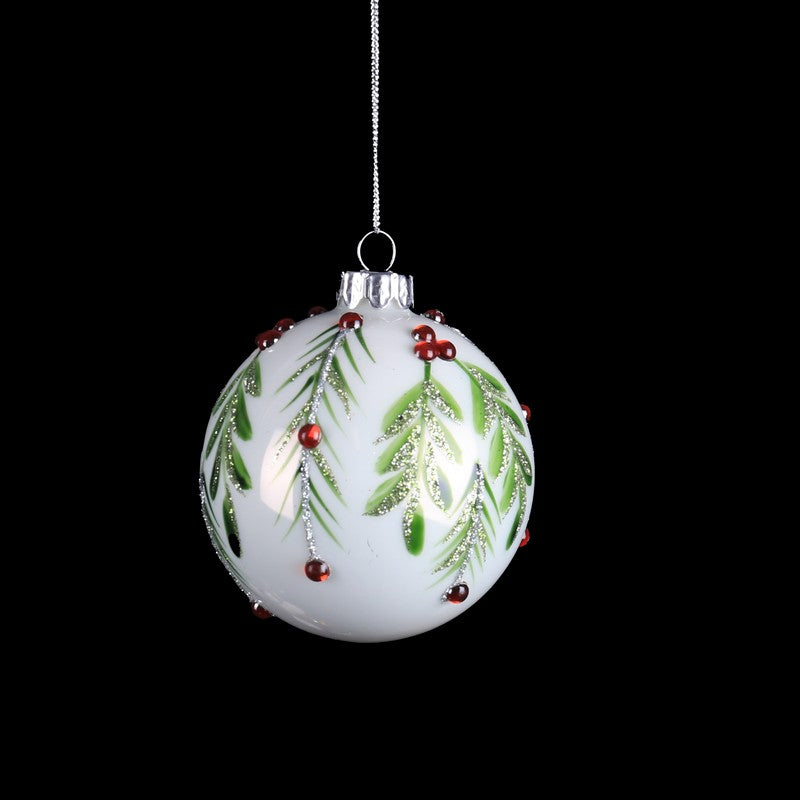 White Glass Bauble With Mistletoe 8cm