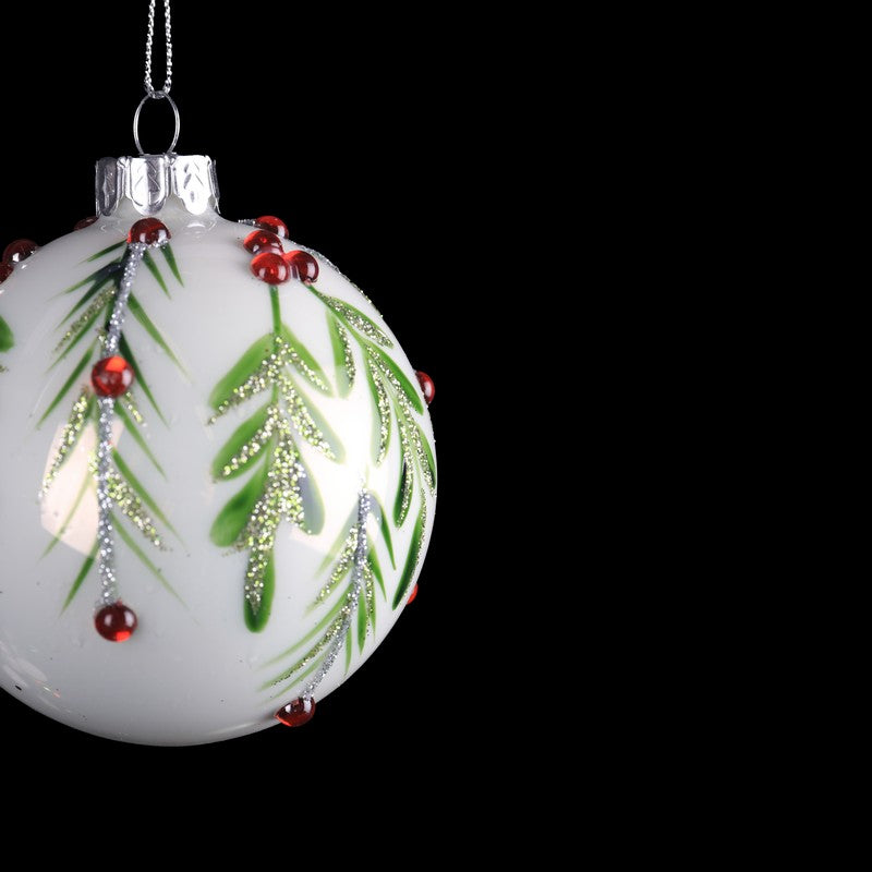 White Glass Bauble With Mistletoe 8cm