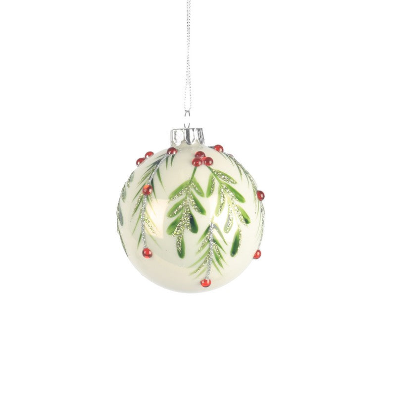 White Glass Bauble With Mistletoe 8cm