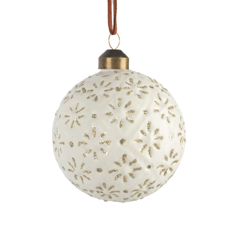 White Glass Bauble With Gold Floral Design Glass Bauble 8cm