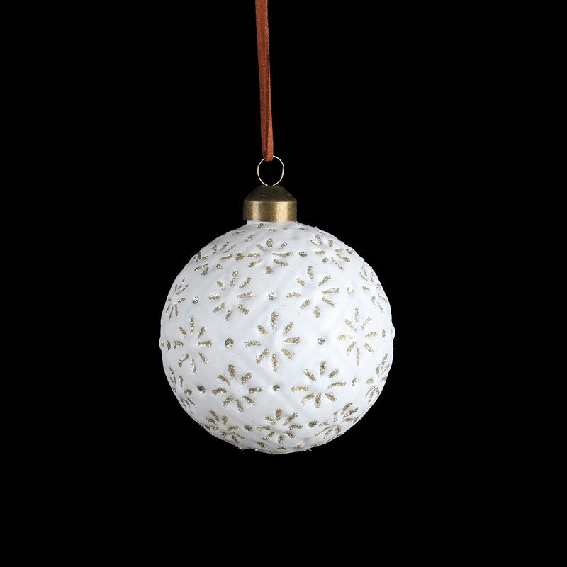 White Glass Bauble With Gold Floral Design Glass Bauble 8cm