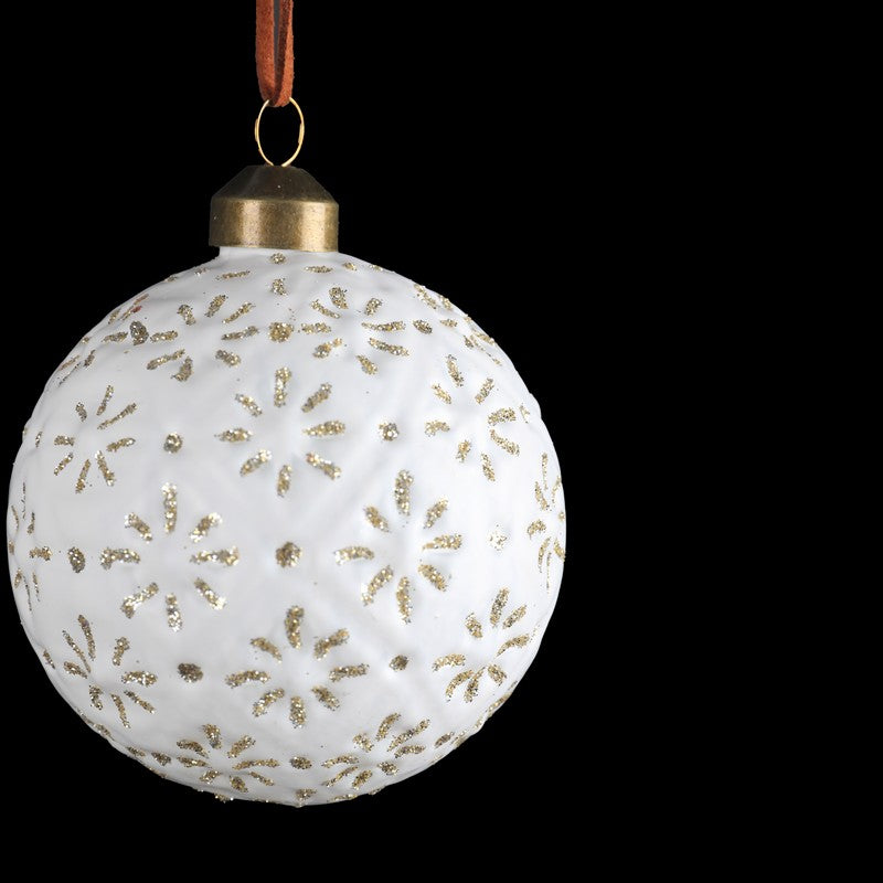 White Glass Bauble With Gold Floral Design Glass Bauble 8cm