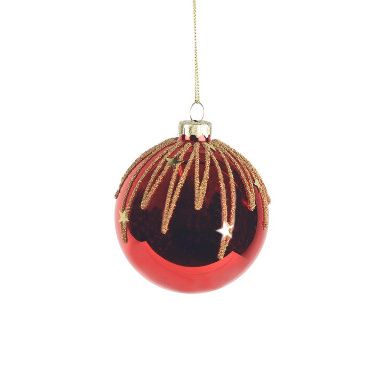 Red Glass Bauble With Gold Design And Stars 8cm