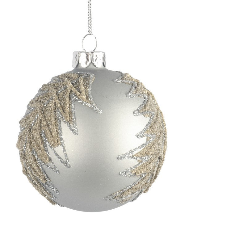 Silver Glass Bauble With Leaf & Glitter 8cm