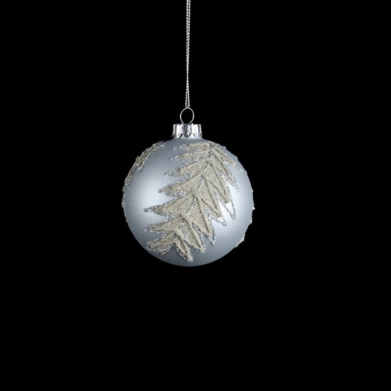 Silver Glass Bauble With Leaf & Glitter 8cm