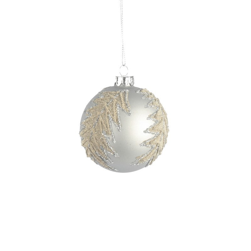 Silver Glass Bauble With Leaf & Glitter 8cm