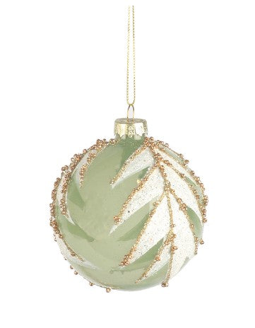 Pale Green Glass Bauble With White & Gold Leaf 8cm