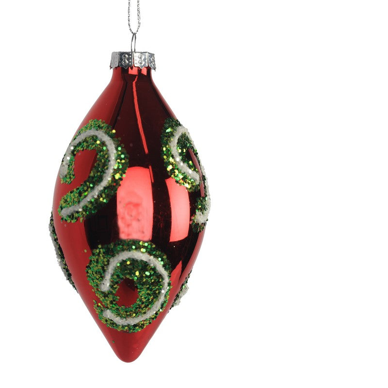 Red Glass Drop Bauble With Green And White Swirls 12.7cm