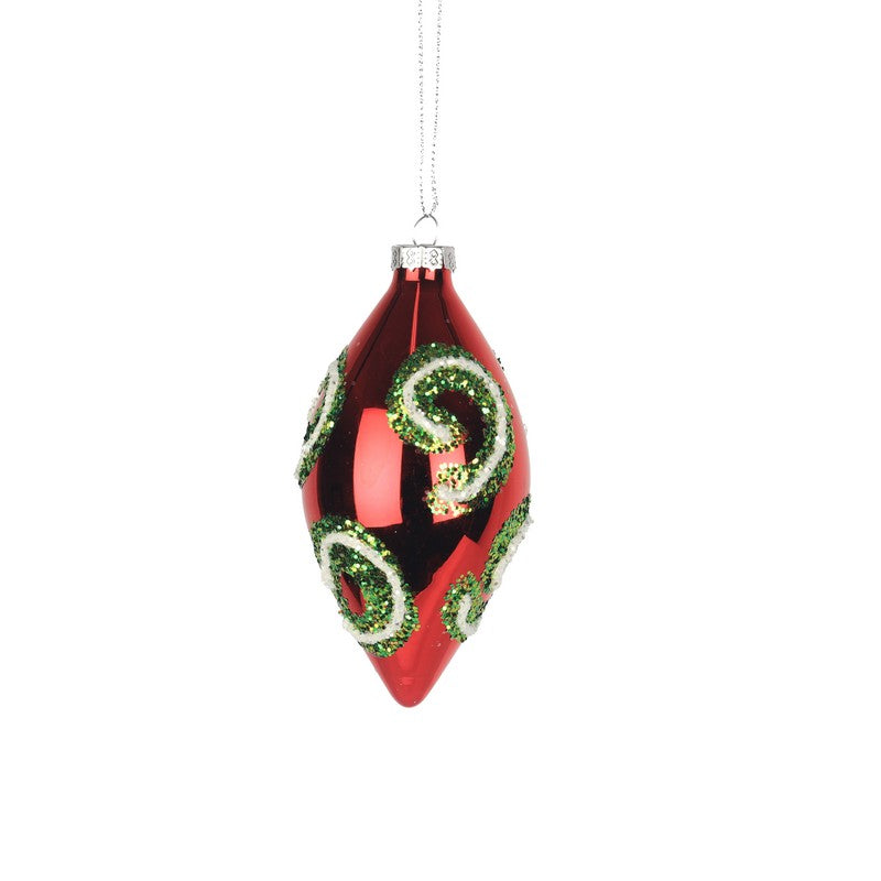 Red Glass Drop Bauble With Green And White Swirls 12.7cm