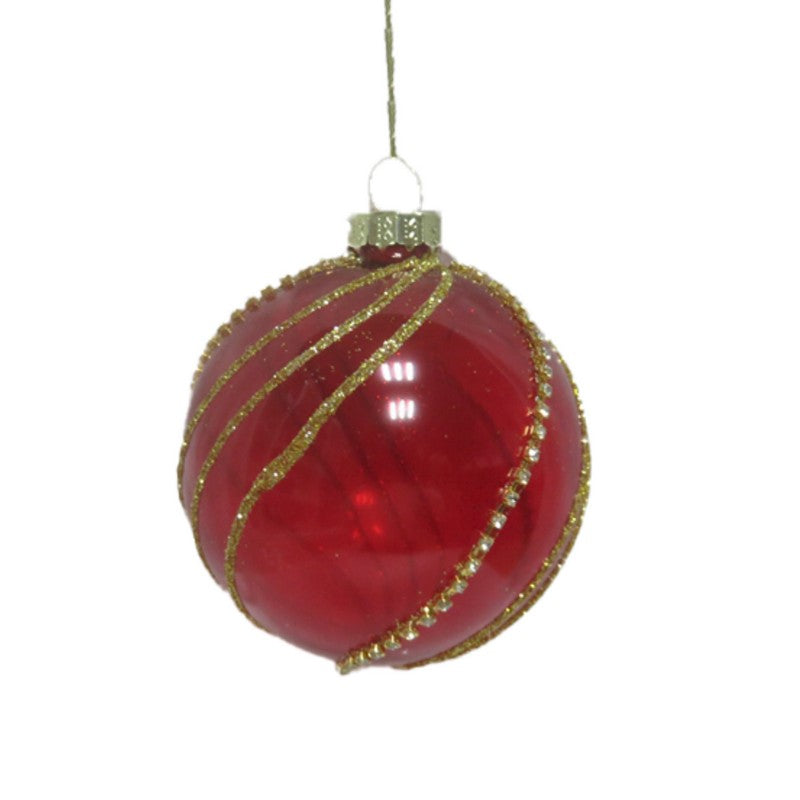 Red Glass Bauble With Gold Gems 8cm