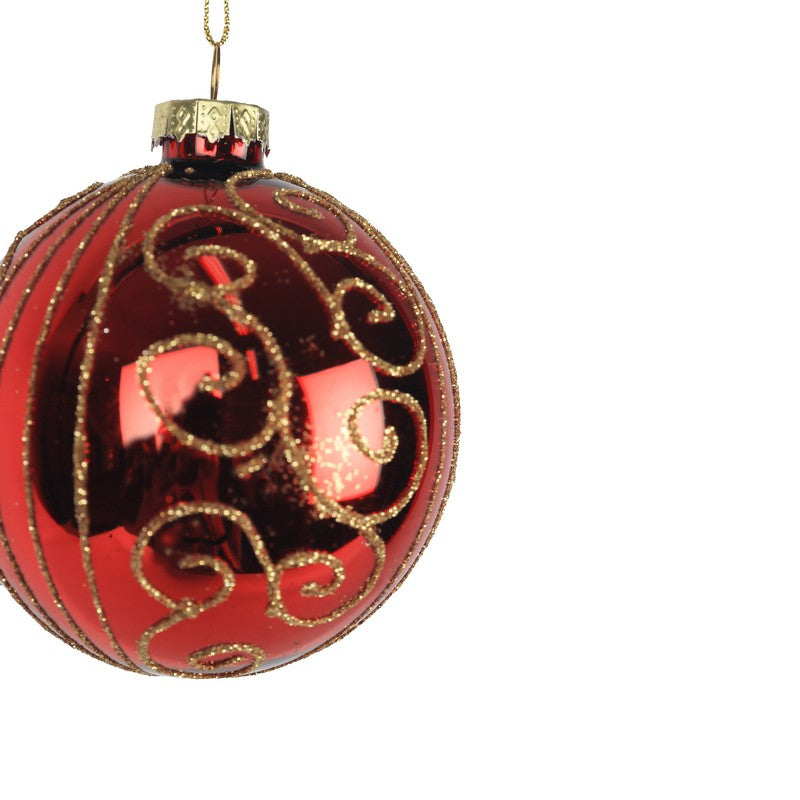 Red Bauble With Gold Swirls 8cm