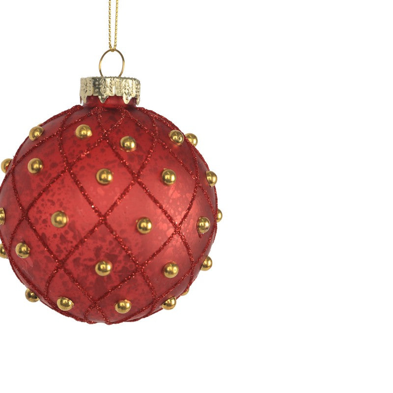 Red Bauble With Gold Pearls 8cm