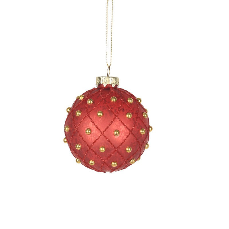 Red Bauble With Gold Pearls 8cm