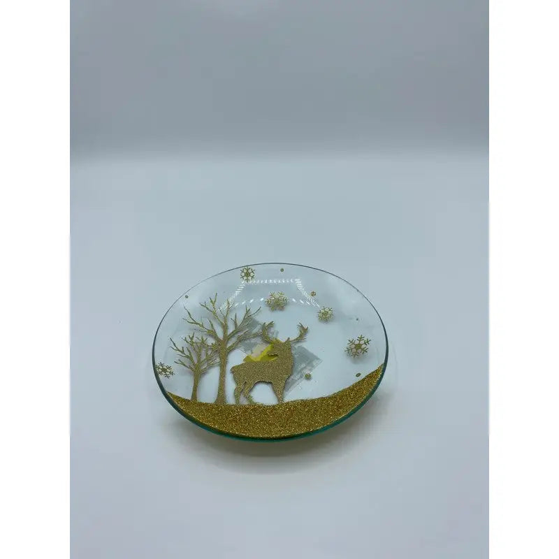 Christmas Gold Reindeer 16cm Candle Plate - Christmas