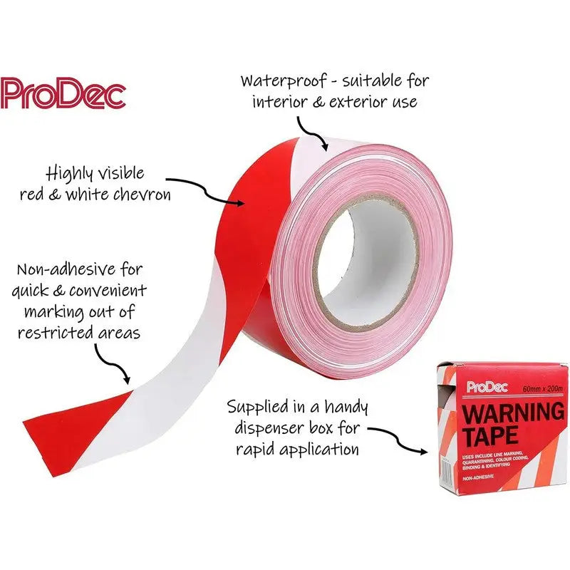 Rodo Red & White Warning Tape 60mm x 200m - DIY Tools &