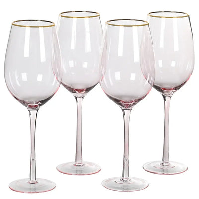 Set Of 4 Gold Rim Rose Tint White Wine Glasses