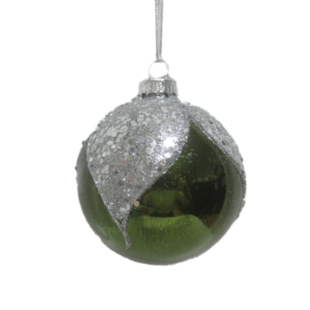 Green Glass Bauble With Silver Leaf Design 8cm